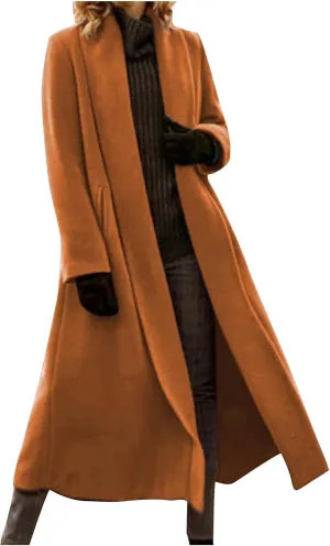 Womens Long Pea Coats Solid Color Winter Warm Trench Coat Bussiness Casual Jackets Outerwear Elegant Loose Coats
