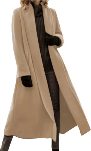 Womens Long Pea Coats Solid Color Winter Warm Trench Coat Bussiness Casual Jackets Outerwear Elegant Loose Coats