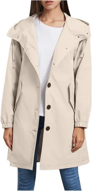 Women's Long Rain Jacket Waterproof Windbreaker Lightweight Hooded Trench Coat Button Down Outerwear Hiking Rain Coat
