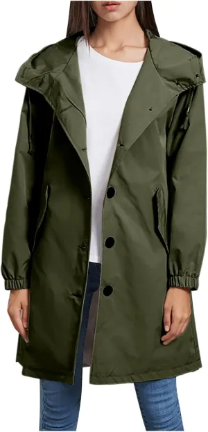 Women's Long Rain Jacket Waterproof Windbreaker Lightweight Hooded Trench Coat Button Down Outerwear Hiking Rain Coat