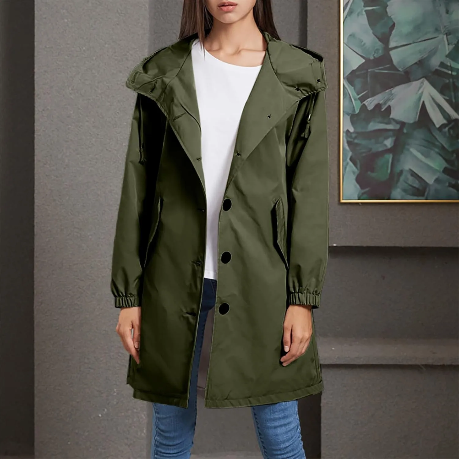 Women's Long Rain Jacket Waterproof Windbreaker Lightweight Hooded Trench Coat Button Down Outerwear Hiking Rain Coat