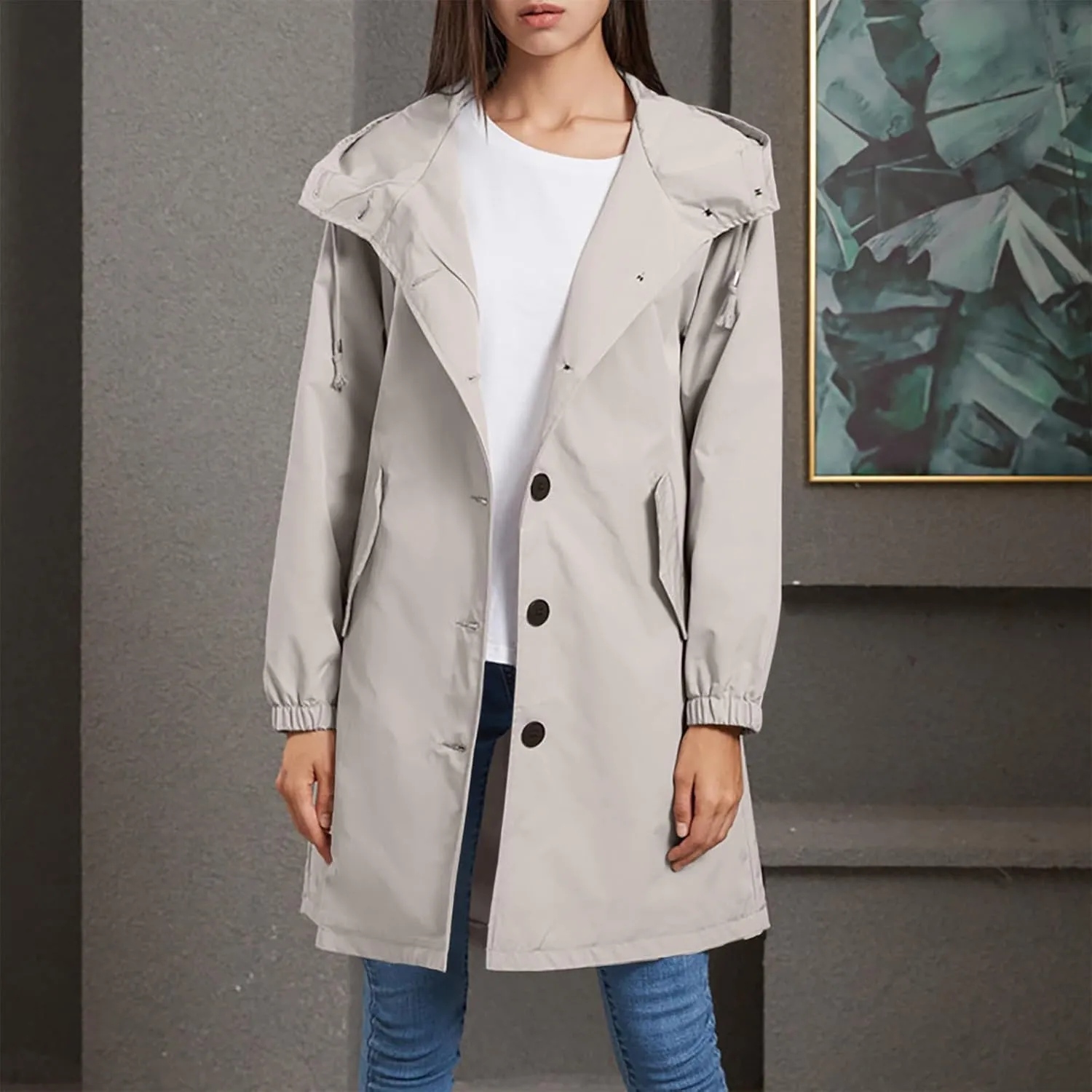 Women's Long Rain Jacket Waterproof Windbreaker Lightweight Hooded Trench Coat Button Down Outerwear Hiking Rain Coat
