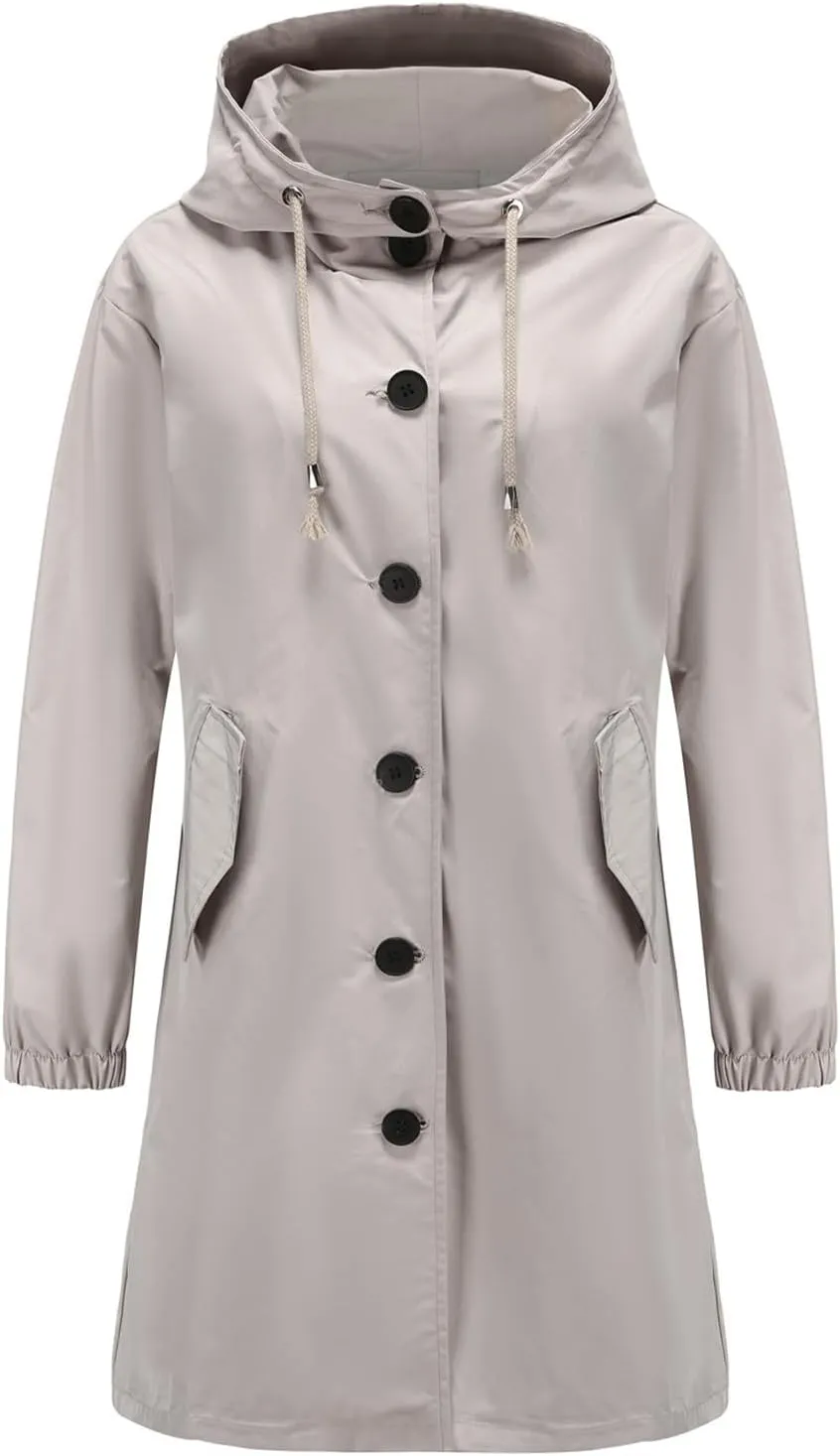 Women's Long Rain Jacket Waterproof Windbreaker Lightweight Hooded Trench Coat Button Down Outerwear Hiking Rain Coat