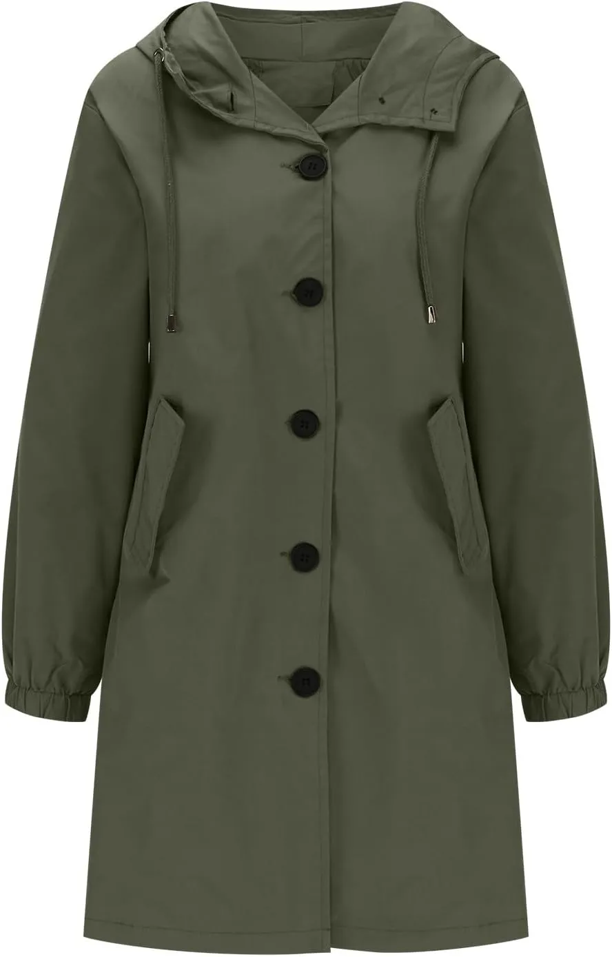 Women's Long Rain Jacket Waterproof Windbreaker Lightweight Hooded Trench Coat Button Down Outerwear Hiking Rain Coat
