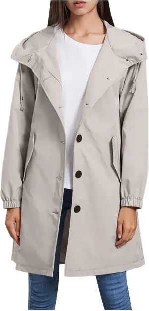 Women's Long Rain Jacket Waterproof Windbreaker Lightweight Hooded Trench Coat Button Down Outerwear Hiking Rain Coat