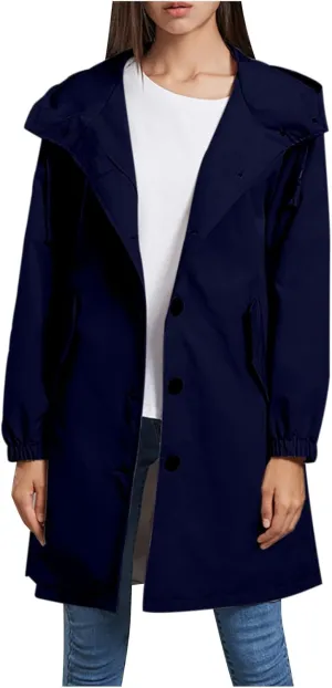 Women's Long Rain Jacket Waterproof Windbreaker Lightweight Hooded Trench Coat Button Down Outerwear Hiking Rain Coat
