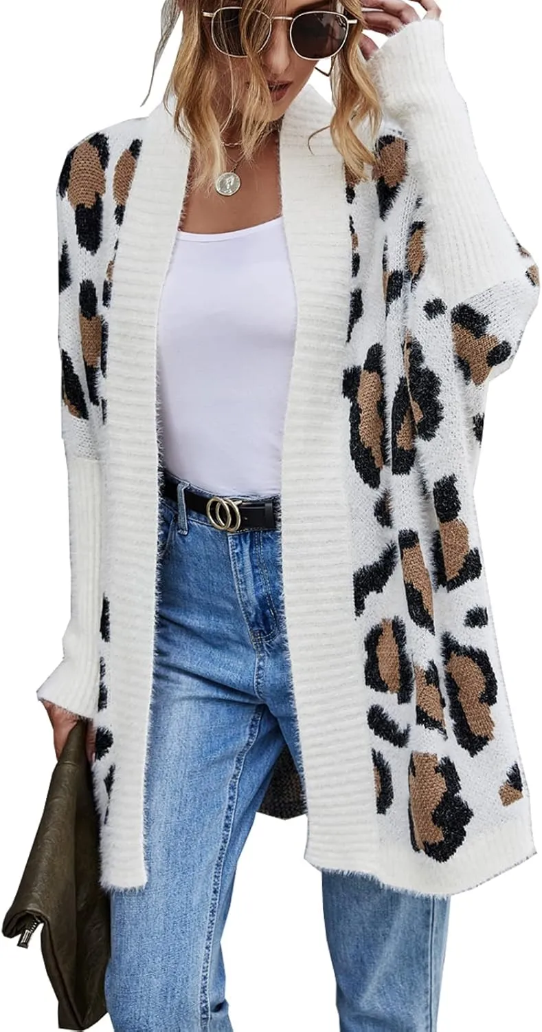 Women's Long Sleeves Open Front Casual Leopard Print Fuzzy Knitted Sweater Cardigan Coat Outwear