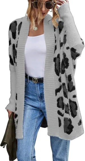 Women's Long Sleeves Open Front Casual Leopard Print Fuzzy Knitted Sweater Cardigan Coat Outwear