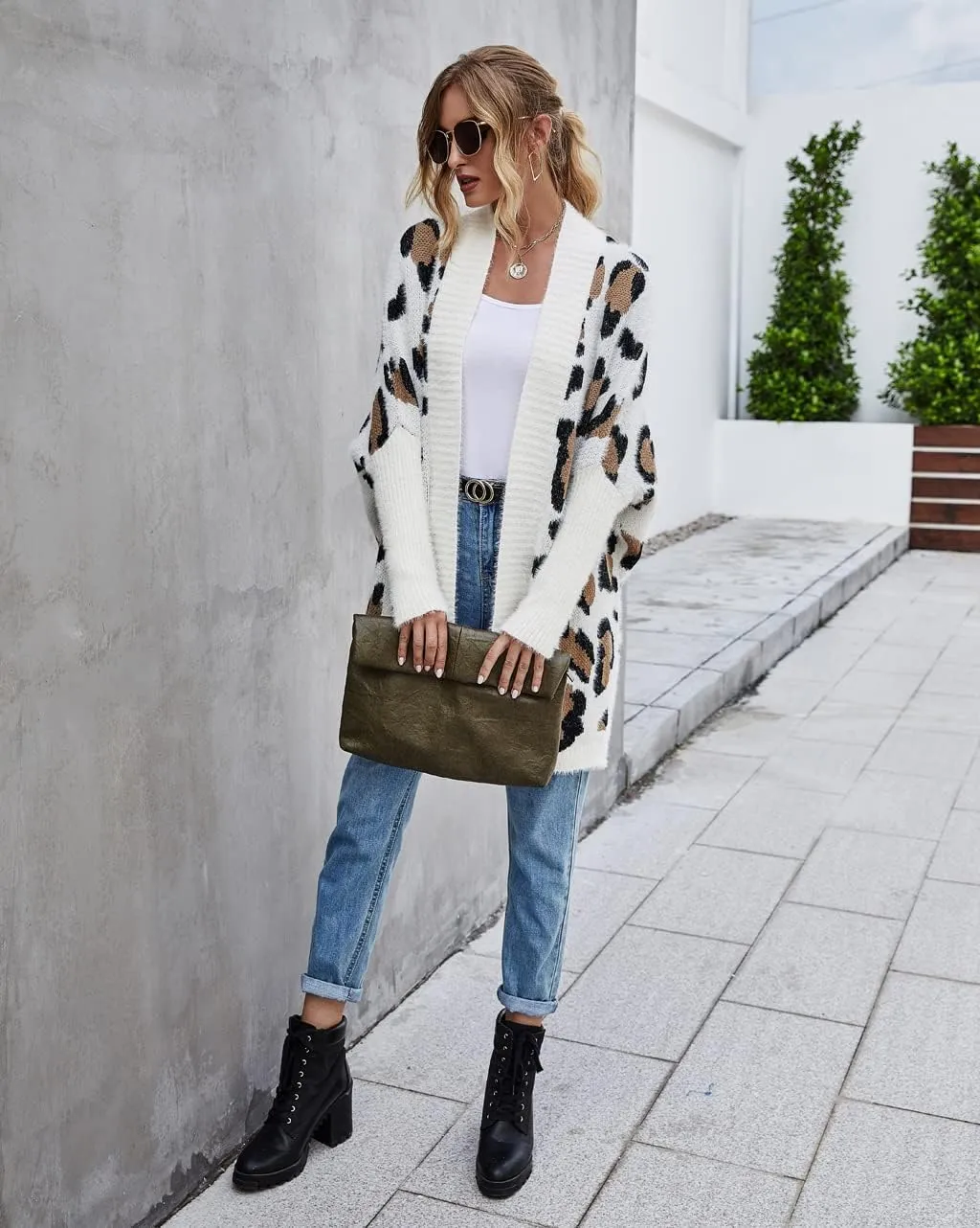 Women's Long Sleeves Open Front Casual Leopard Print Fuzzy Knitted Sweater Cardigan Coat Outwear