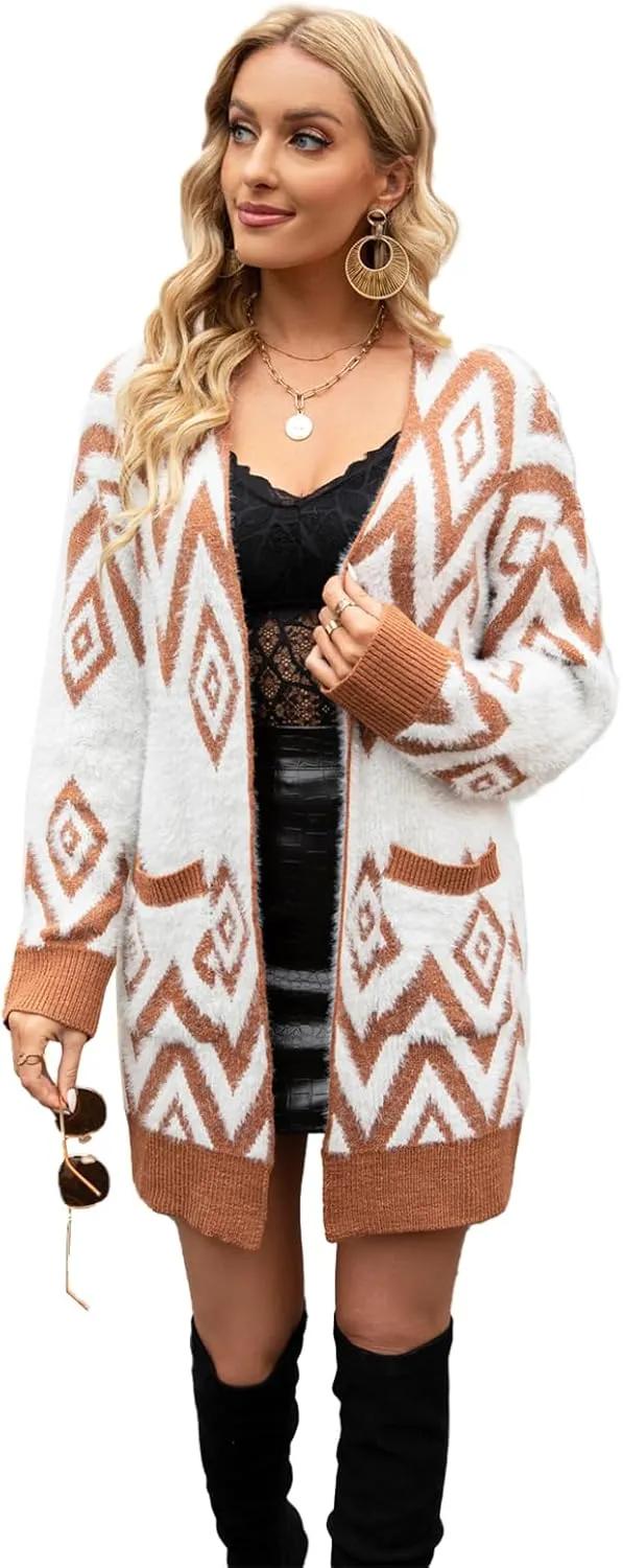 Women's Long Sleeves Open Front Casual Leopard Print Fuzzy Knitted Sweater Cardigan Coat Outwear