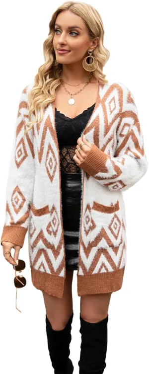Women's Long Sleeves Open Front Casual Leopard Print Fuzzy Knitted Sweater Cardigan Coat Outwear