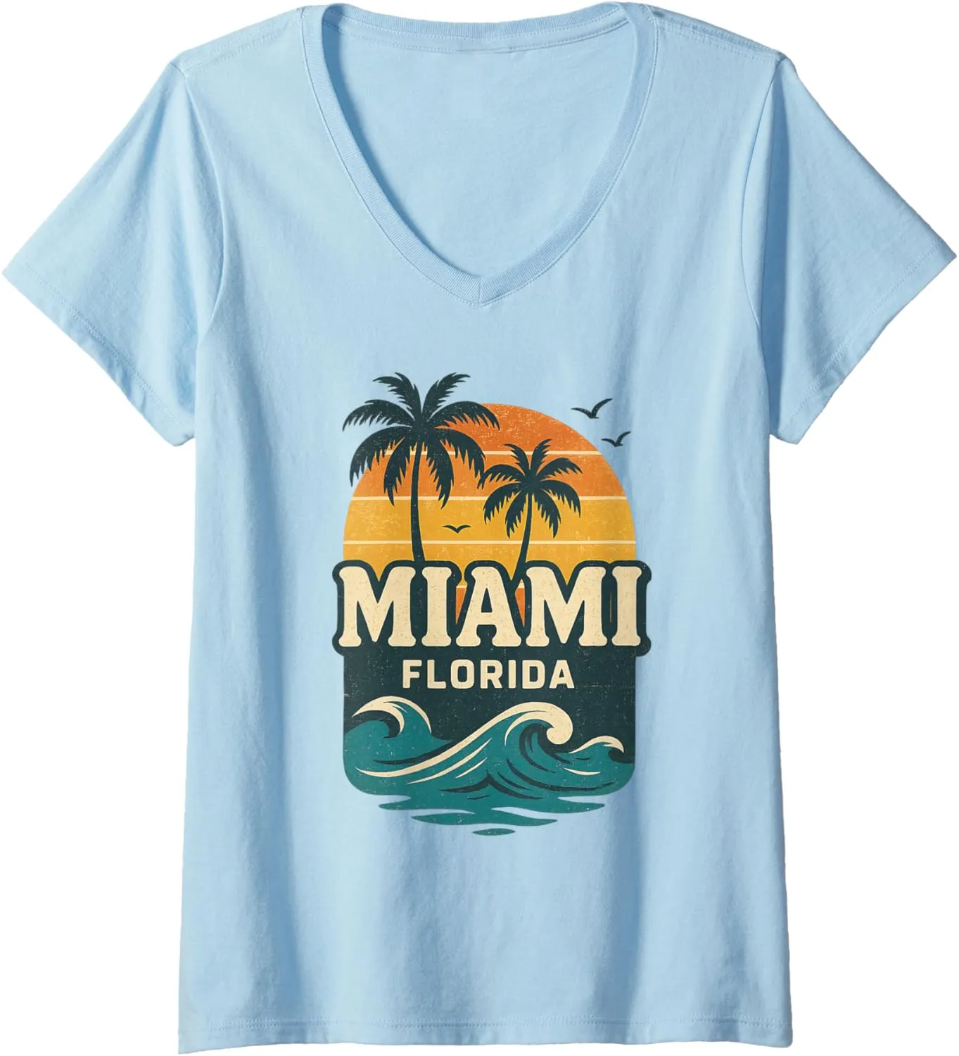 Womens Miami Florida Retro Vintage Sunset Palm Trees Beach Summer V-Neck T-Shirt