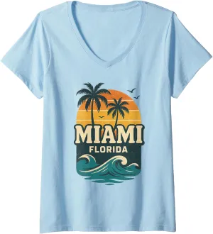 Womens Miami Florida Retro Vintage Sunset Palm Trees Beach Summer V-Neck T-Shirt