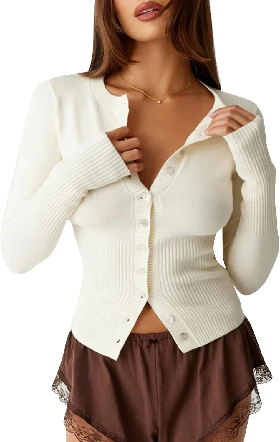 Womens Open Front Button Up Cropped Cardigan Ribbed Knit Long Sleeve Shirt Casual Solid Crop Top Cardigan Sweater