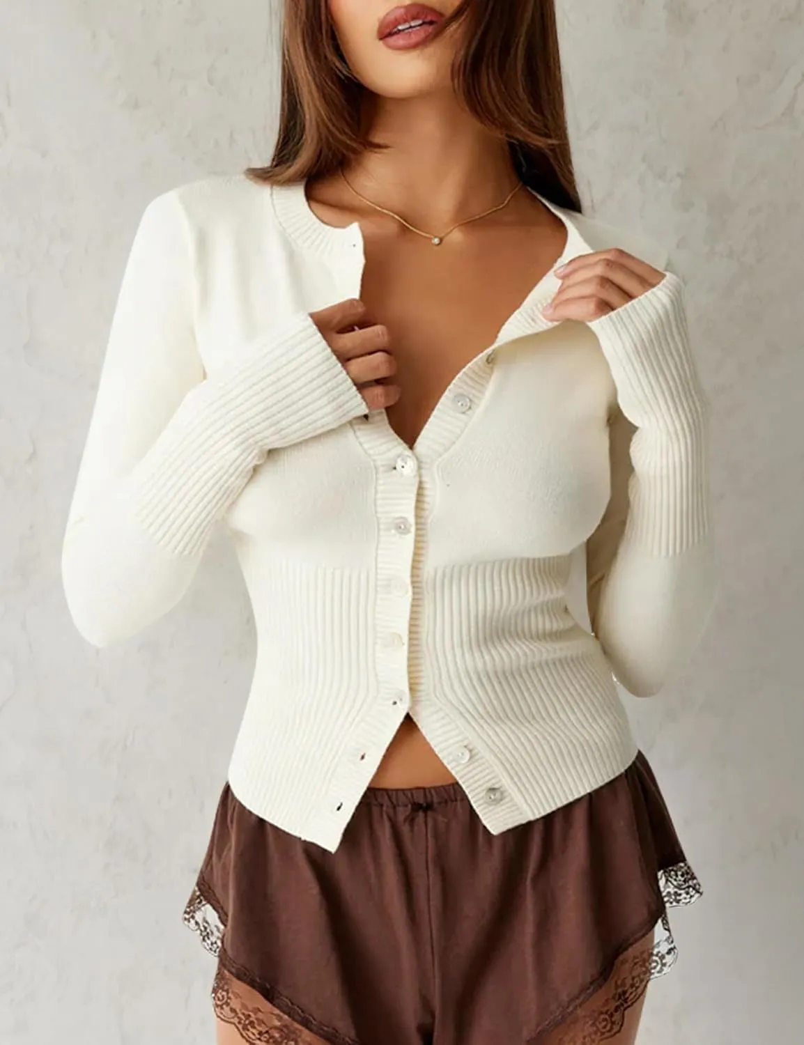Womens Open Front Button Up Cropped Cardigan Ribbed Knit Long Sleeve Shirt Casual Solid Crop Top Cardigan Sweater