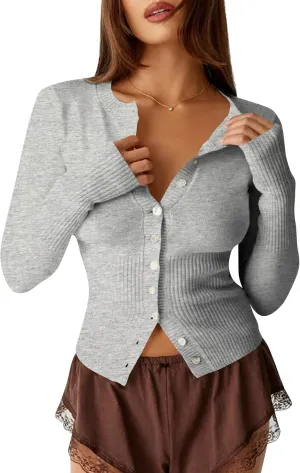 Womens Open Front Button Up Cropped Cardigan Ribbed Knit Long Sleeve Shirt Casual Solid Crop Top Cardigan Sweater