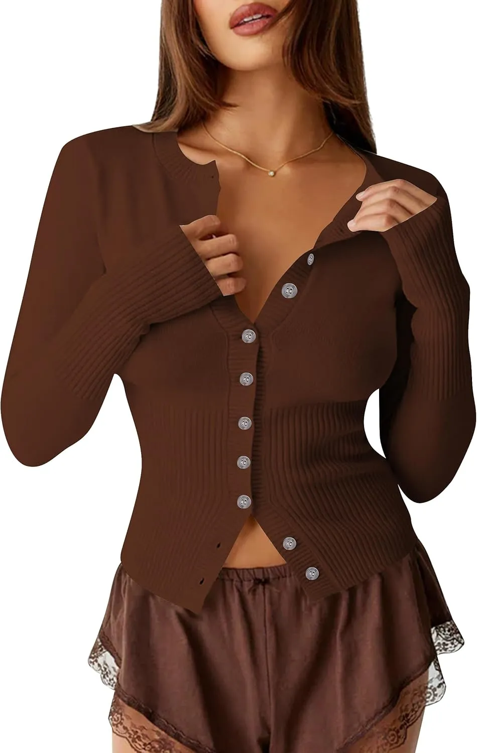 Womens Open Front Button Up Cropped Cardigan Ribbed Knit Long Sleeve Shirt Casual Solid Crop Top Cardigan Sweater