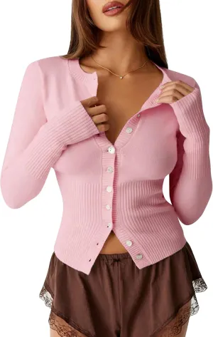 Womens Open Front Button Up Cropped Cardigan Ribbed Knit Long Sleeve Shirt Casual Solid Crop Top Cardigan Sweater
