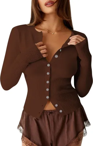 Womens Open Front Button Up Cropped Cardigan Ribbed Knit Long Sleeve Shirt Casual Solid Crop Top Cardigan Sweater
