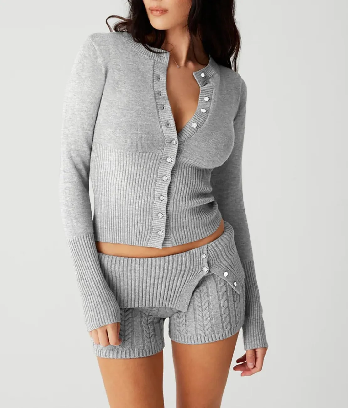 Womens Open Front Button Up Cropped Cardigan Ribbed Knit Long Sleeve Shirt Casual Solid Crop Top Cardigan Sweater