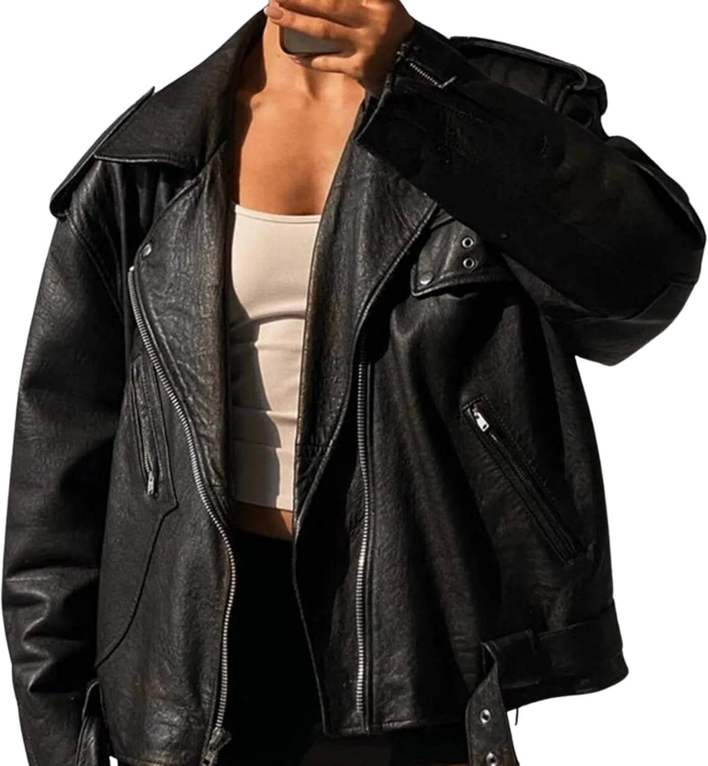 Womens Oversized Leather Jacket with Sleeves Bomber Vintage Long Coat lambskin Leather Blazer Leather Jackets