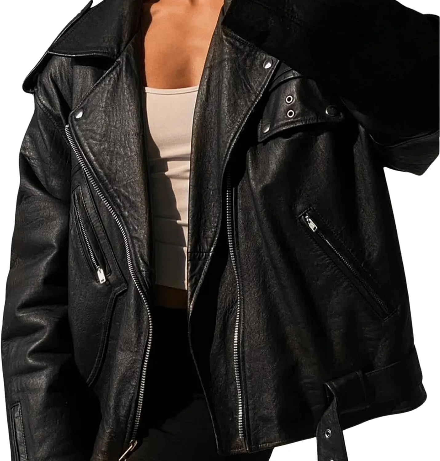 Womens Oversized Leather Jacket with Sleeves Bomber Vintage Long Coat lambskin Leather Blazer Leather Jackets