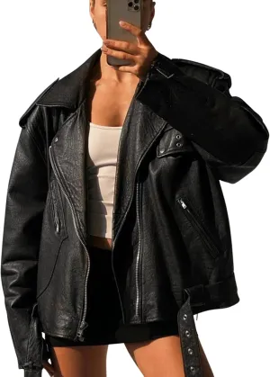 Womens Oversized Leather Jacket with Sleeves Bomber Vintage Long Coat lambskin Leather Blazer Leather Jackets
