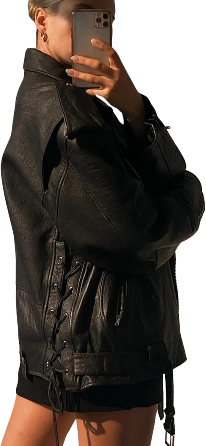 Womens Oversized Leather Jacket with Sleeves Bomber Vintage Long Coat lambskin Leather Blazer Leather Jackets