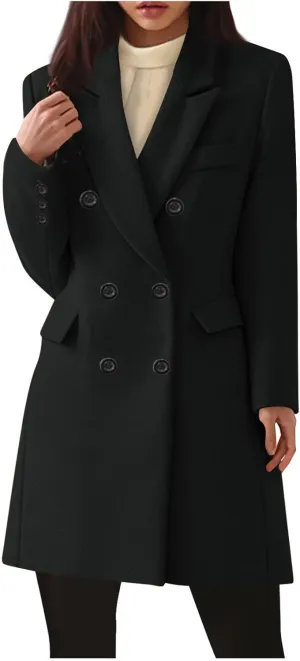 Womens Pea Coat Plus Size Wool Coat Long Winter Coat Elegant Dress Coat Office Work Jacket Business Casual Coats