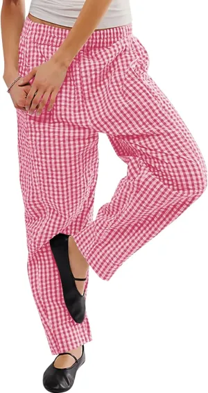 Women's Plaid Pant Gingham Lounge Pants Wide Leg Mid Rise Elastic Waist Checkered Long Trousers with Pockets