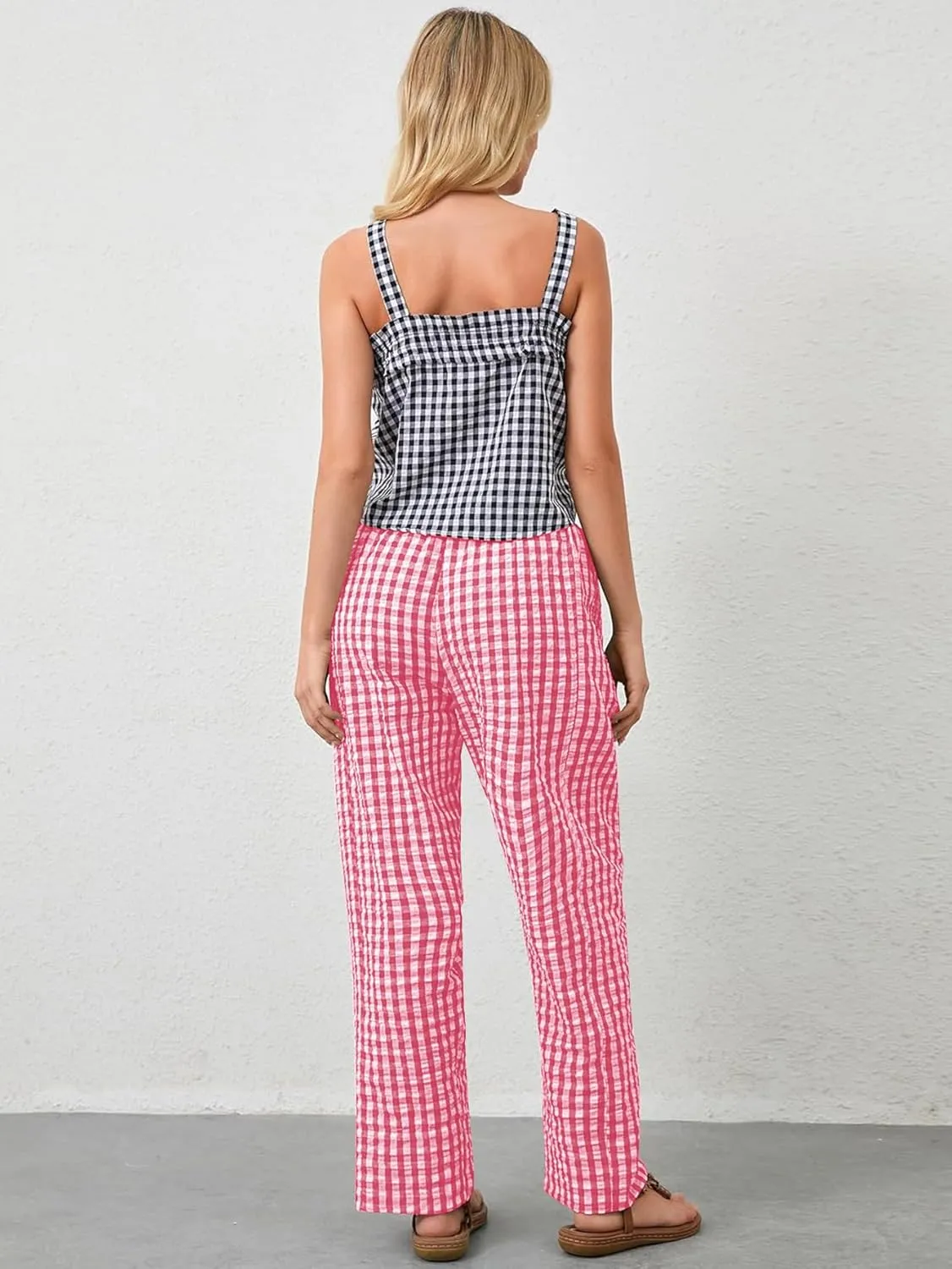 Women's Plaid Pant Gingham Lounge Pants Wide Leg Mid Rise Elastic Waist Checkered Long Trousers with Pockets