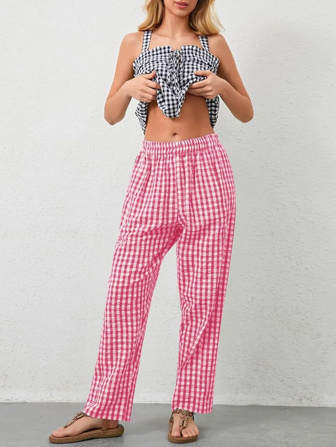 Women's Plaid Pant Gingham Lounge Pants Wide Leg Mid Rise Elastic Waist Checkered Long Trousers with Pockets