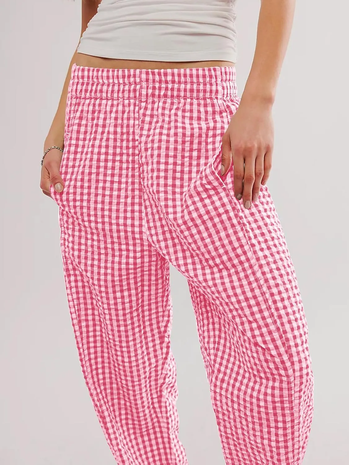 Women's Plaid Pant Gingham Lounge Pants Wide Leg Mid Rise Elastic Waist Checkered Long Trousers with Pockets
