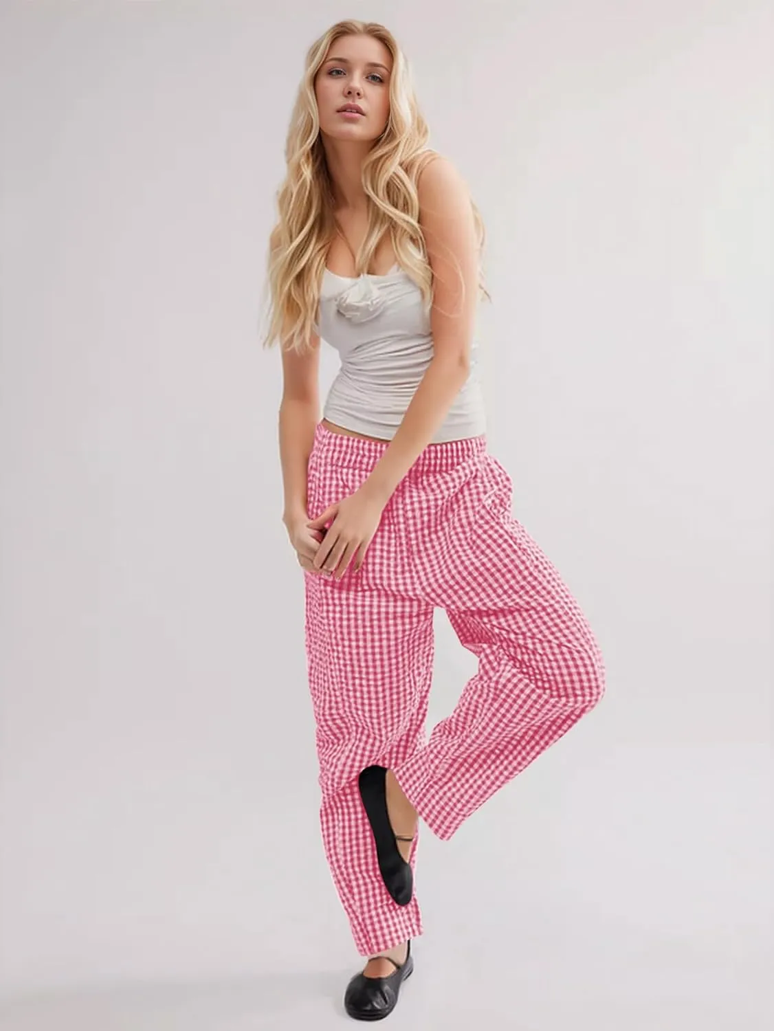 Women's Plaid Pant Gingham Lounge Pants Wide Leg Mid Rise Elastic Waist Checkered Long Trousers with Pockets