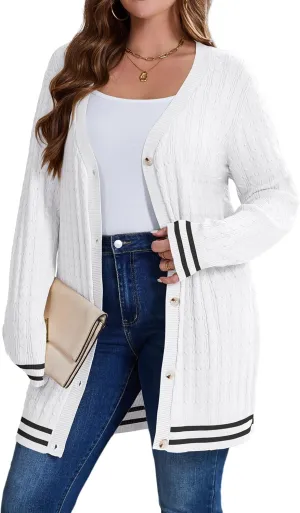 Women's Plus Size Button Down Cardigan Sweater Causal Open Front Loose Long Sleeve Crew Neck Knit Outwear