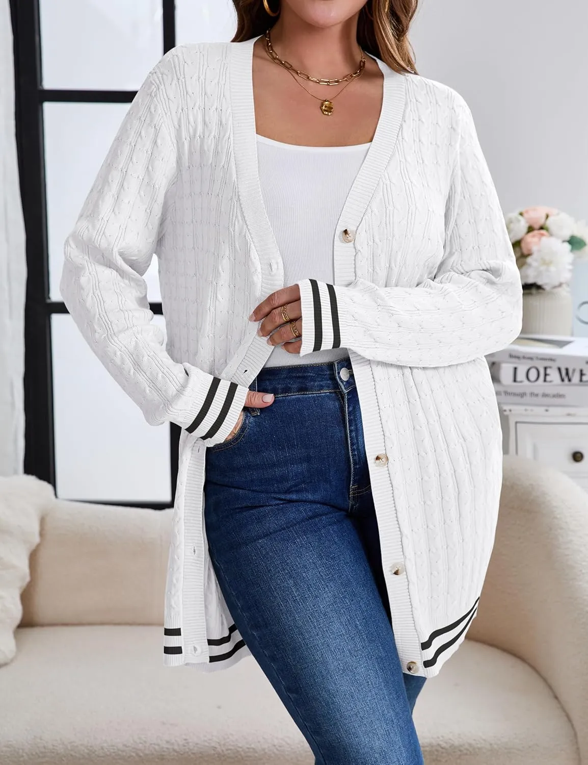 Women's Plus Size Button Down Cardigan Sweater Causal Open Front Loose Long Sleeve Crew Neck Knit Outwear