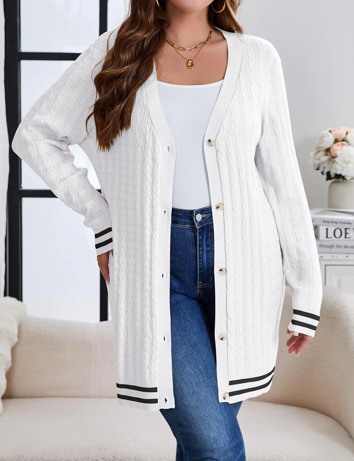 Women's Plus Size Button Down Cardigan Sweater Causal Open Front Loose Long Sleeve Crew Neck Knit Outwear