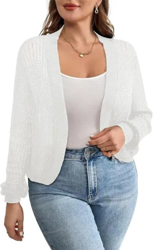Womens Plus Size Lightweight Cardigan Sweater Open Front Long Sleeve Knitted Cropped Shrug