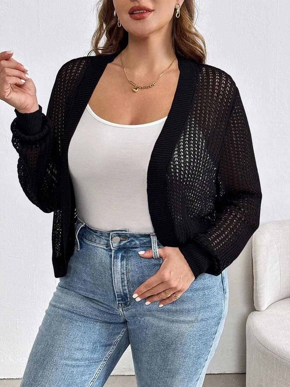 Womens Plus Size Lightweight Cardigan Sweater Open Front Long Sleeve Knitted Cropped Shrug