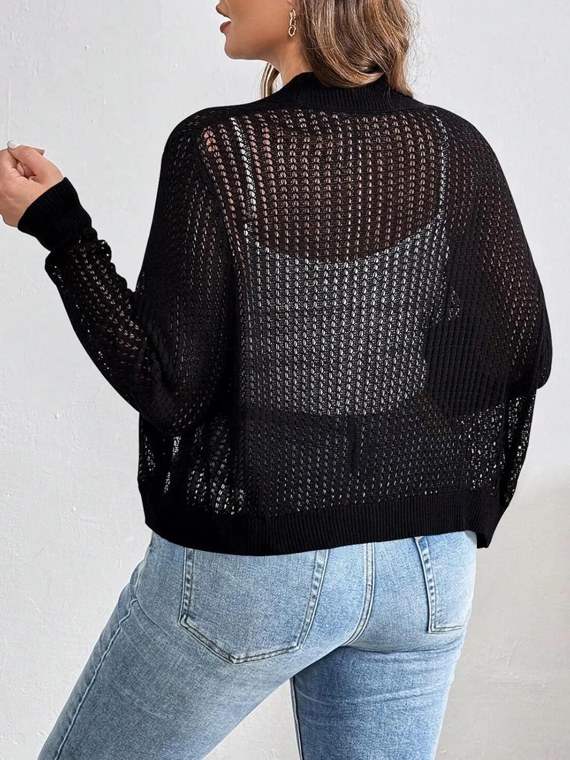 Womens Plus Size Lightweight Cardigan Sweater Open Front Long Sleeve Knitted Cropped Shrug