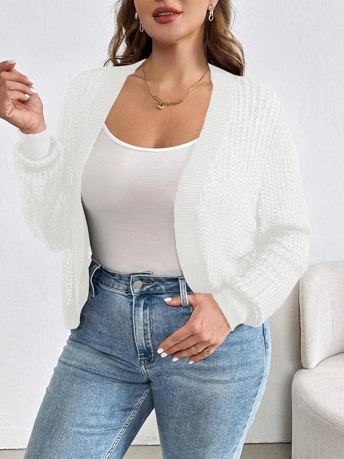 Womens Plus Size Lightweight Cardigan Sweater Open Front Long Sleeve Knitted Cropped Shrug
