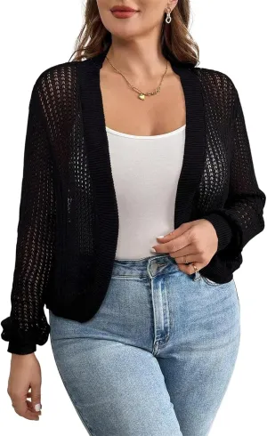 Womens Plus Size Lightweight Cardigan Sweater Open Front Long Sleeve Knitted Cropped Shrug