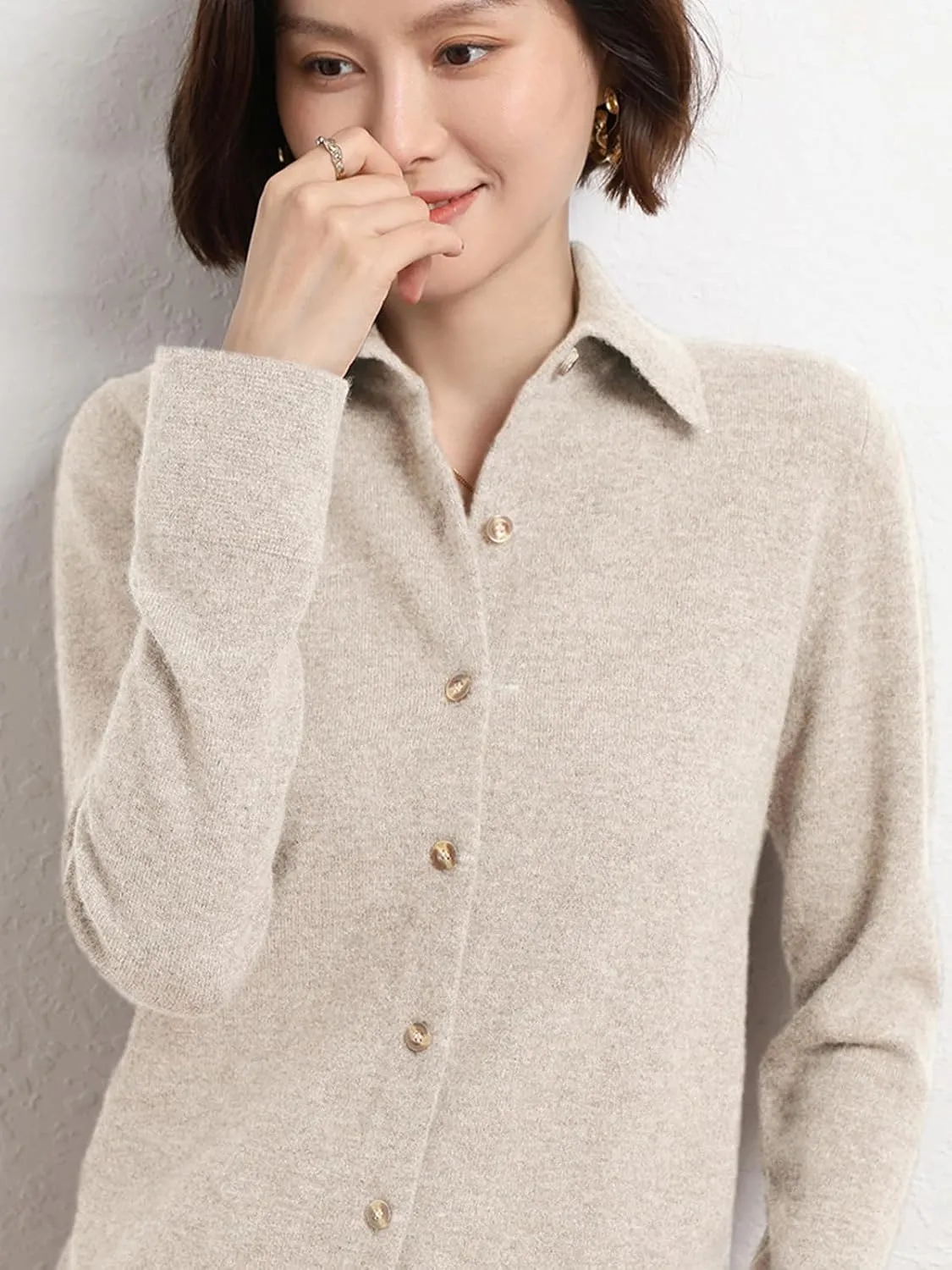 Women's Polo Cardigan Sweater Solid Button Long Sleeve Classic Neck Knit Cardigan Sweater Casual