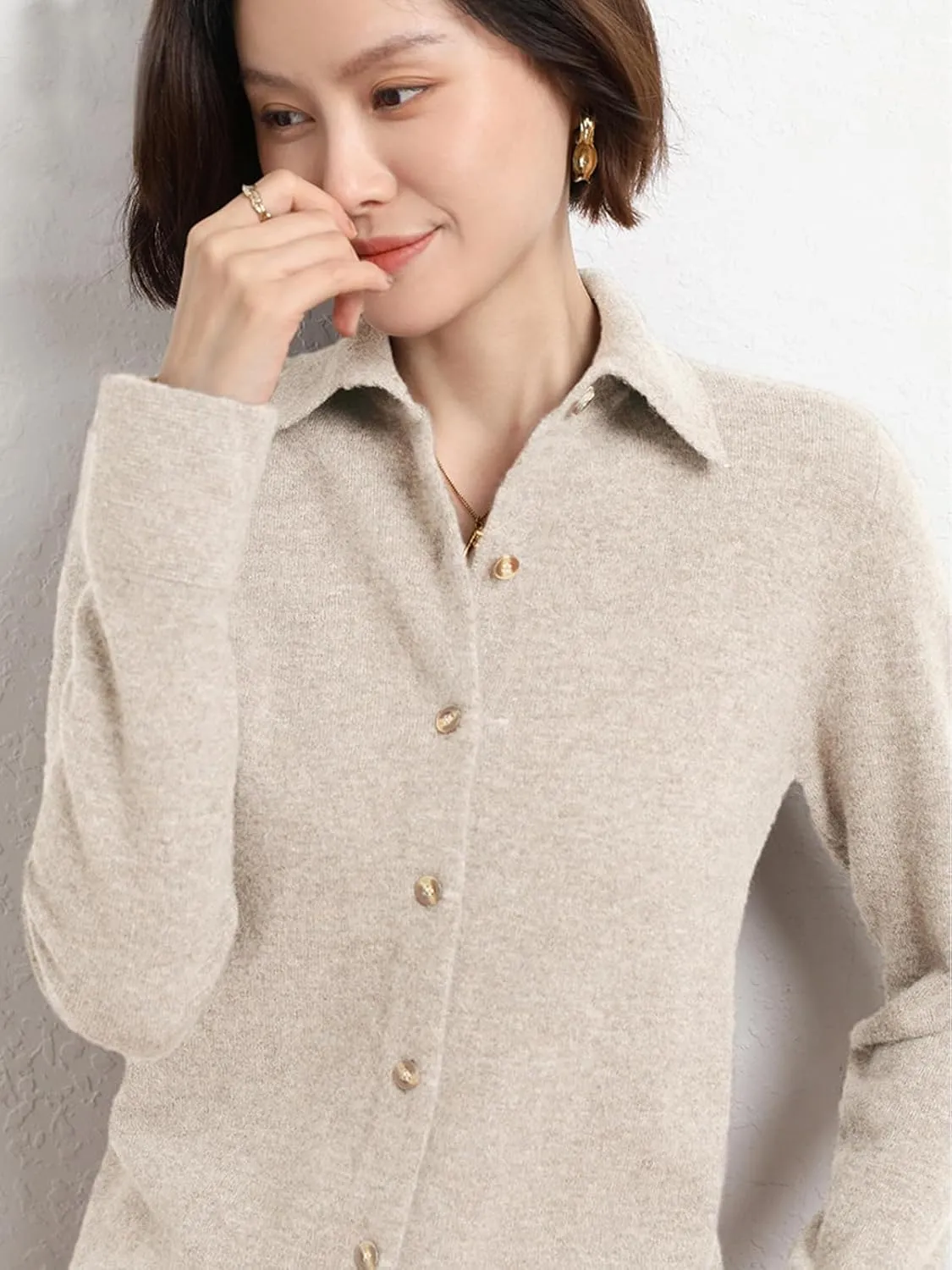 Women's Polo Cardigan Sweater Solid Button Long Sleeve Classic Neck Knit Cardigan Sweater Casual