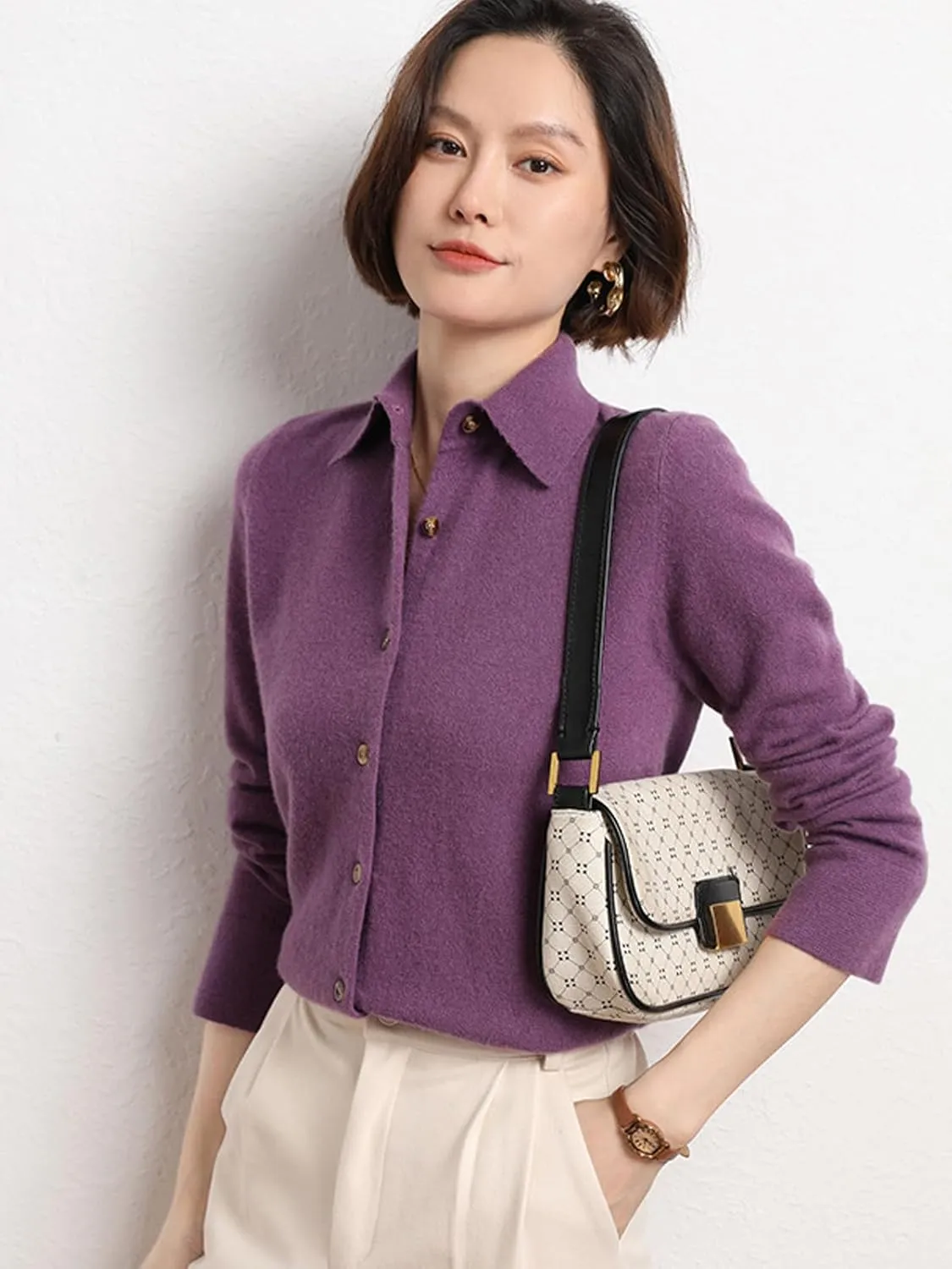 Women's Polo Cardigan Sweater Solid Button Long Sleeve Classic Neck Knit Cardigan Sweater Casual