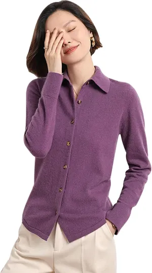 Women's Polo Cardigan Sweater Solid Button Long Sleeve Classic Neck Knit Cardigan Sweater Casual