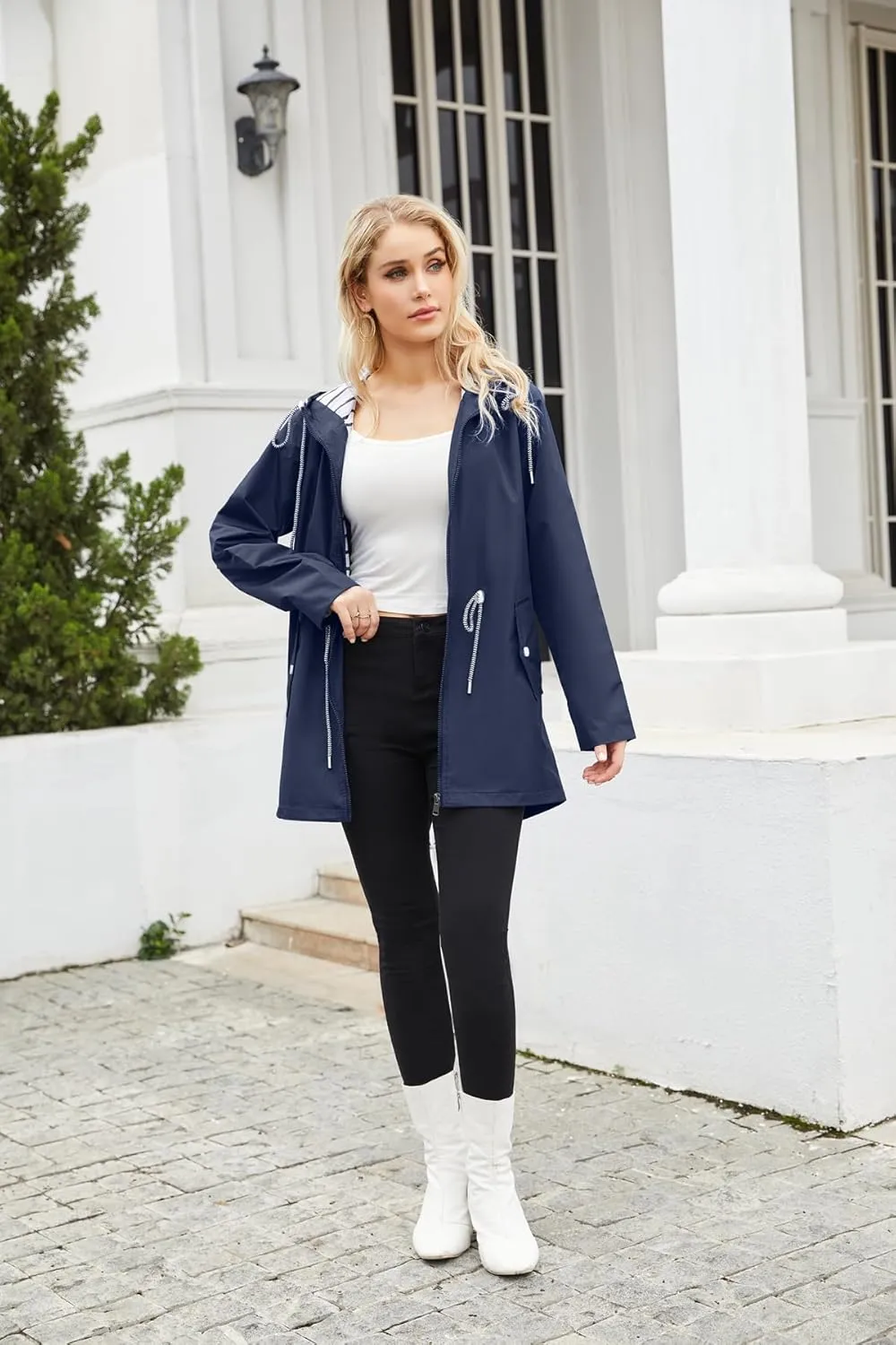 Womens Raincoat Waterproof Hooded Trench Coats Lined Windbreaker Active Travel Jacket with Pockets for Outdoor