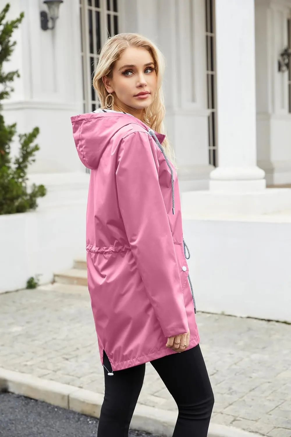 Womens Raincoat Waterproof Hooded Trench Coats Lined Windbreaker Active Travel Jacket with Pockets for Outdoor