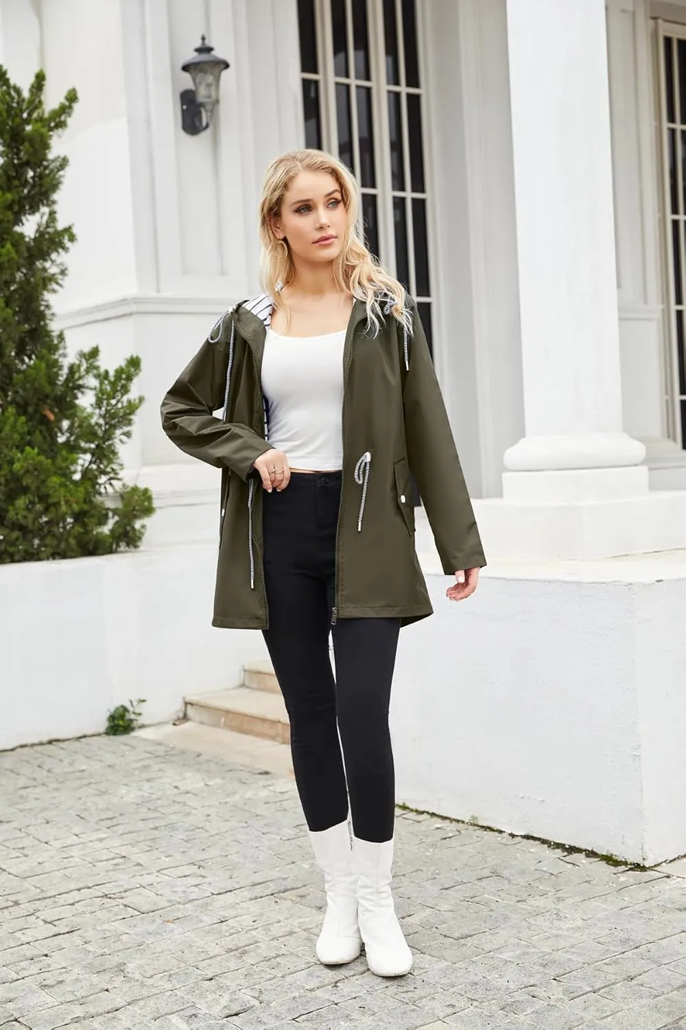 Womens Raincoat Waterproof Hooded Trench Coats Lined Windbreaker Active Travel Jacket with Pockets for Outdoor