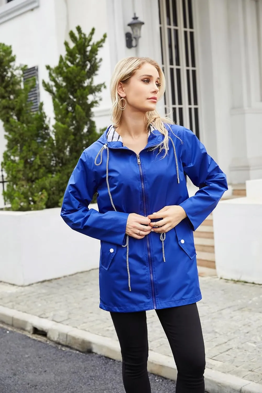 Womens Raincoat Waterproof Hooded Trench Coats Lined Windbreaker Active Travel Jacket with Pockets for Outdoor